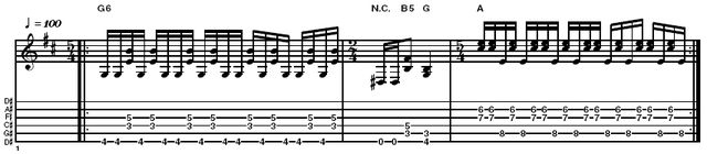 Example 1: This first riff uses fast downstrokes to get the required chunk and is phrased in groups of five across the bar in 5\4. Divided by a bar of 2/4, the riff then turns around and the pattern is reversed. Palm muting the low notes will help bring out the separation and give a tight, defined sound. It's a good idea to tap your foot along with the time signature change before you learn the riff, then try to memorise the pattern slowly before increasing speed.